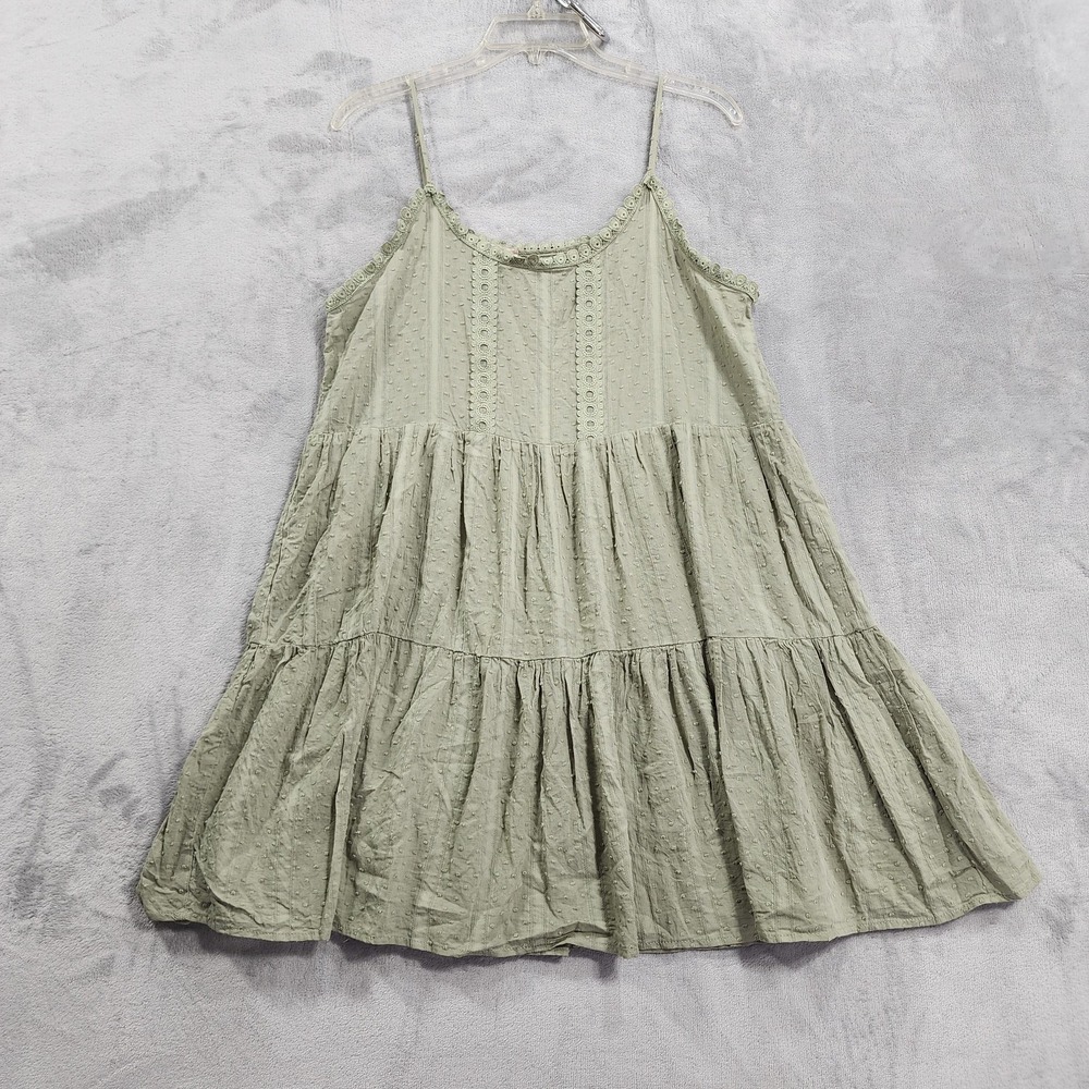 Altar'd State Dress Womens L Green Polka Dot Crochet Tiered Swing Sundress Boho
